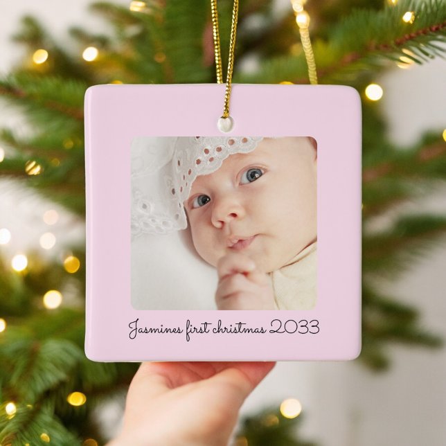 Neuartige Mindest-Rosa-Foto-Babys erster Weihnacht Keramikornament (minimal pink photo babys first christmas ornament , minimalist classic design , keepsake )