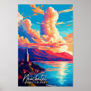 Neuchatel Schweiz Vintage Illustration Poster