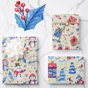 NEUE 3 Namen, die mit Blue Red 19x29 Winterurlaub  Geschenkpapier Set