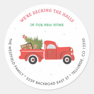 Neue Adressanzeige Roter LKW Weihnachten Umzugsank Runder Aufkleber