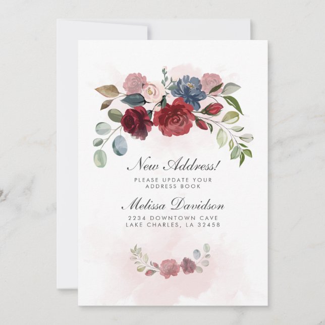 Neue Adresse Burgundy Floral Neue Zuhause Moving Ankündigung (Vorderseite)