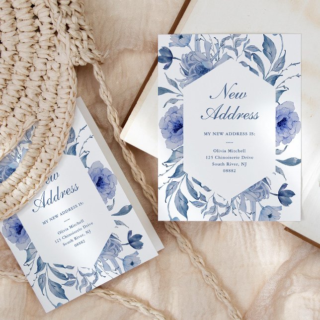 Neue Adresse | Dusty Blue Chinoiserie Floral Postkarte (Von Creator hochgeladen)