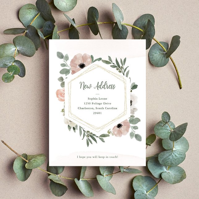 Neue Adresse | Dusty Peach Blume and Greenery Postkarte (Von Creator hochgeladen)