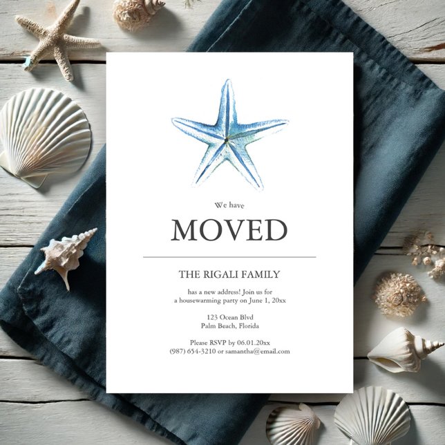 Neue Adresse Einladungen Beach House Starfish (New address invitations beach house watercolor blue starfish art by Victoria Grigaliunas)