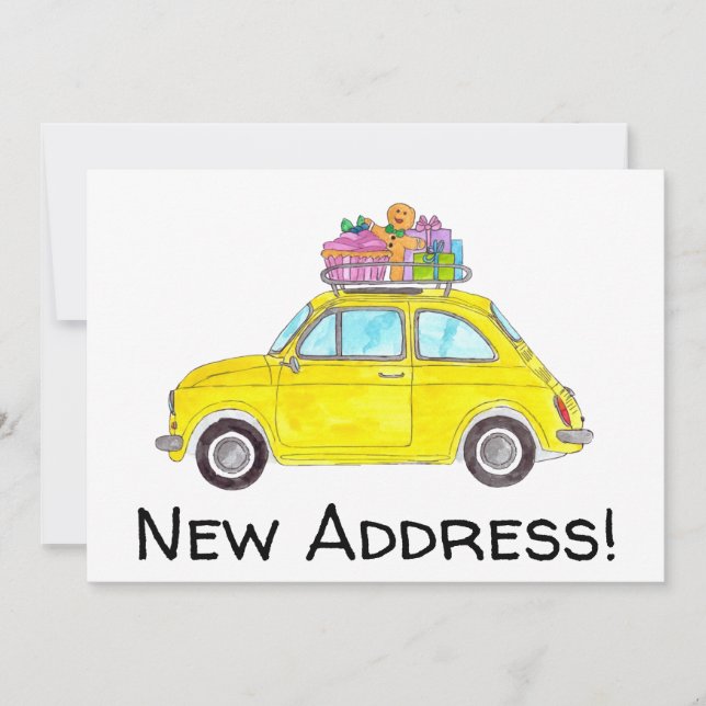 Neue Adresse Gelbes Retro Fiat 500 Wasserfarbe Einladung (Vorderseite)