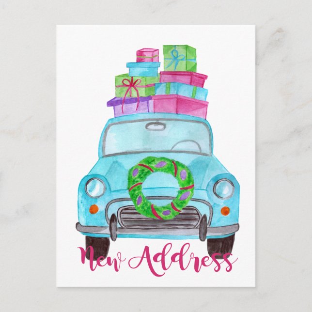 Neue Adresse Klassischer Weihnachtswagen Postkarte (Vorderseite)