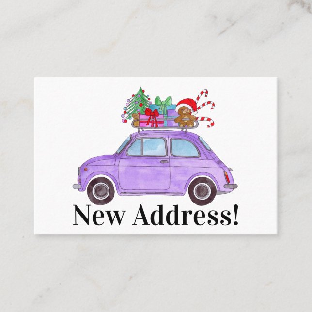 Neue Adresse Lila Fiat 500 mit Weihnachtsgeschenke Visitenkarte (Vorderseite)