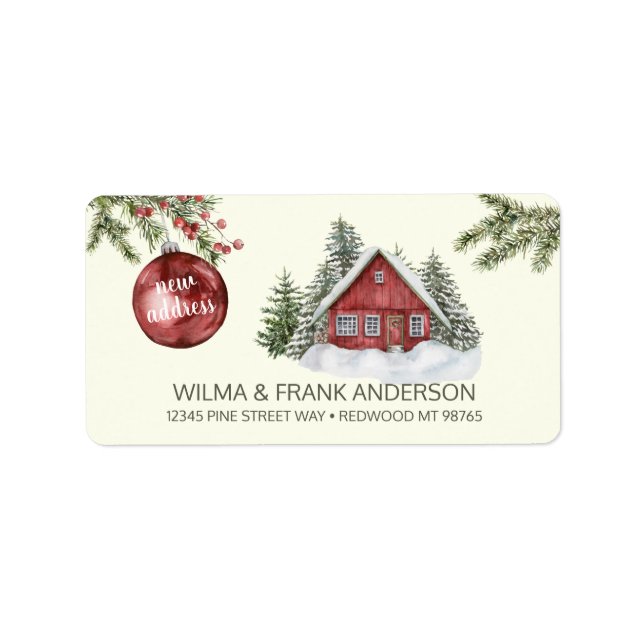 Neue Adresse Red Cabin Snow mit Evergreens Adressaufkleber (Vorne)