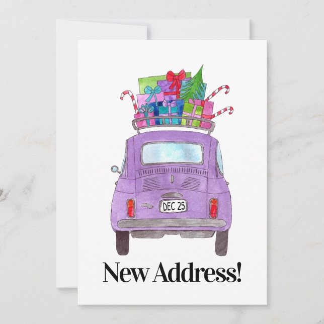 Neue Adresse Retro Fiat 500 mit Geschenken Einladung (Vorderseite)