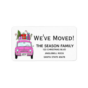 Neue Adresse rosa Auto mit Weihnachtsgeschenken Adressaufkleber
