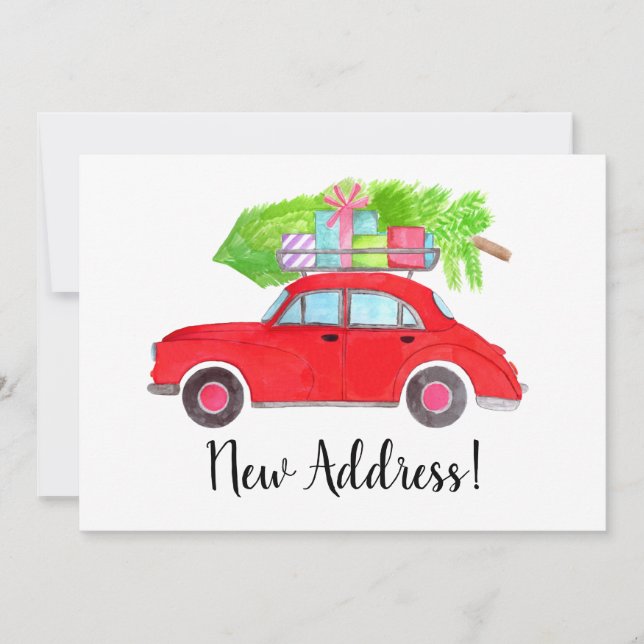 Neue Adresse Rotes Auto mit Weihnachtsbaum Einladung (Vorderseite)