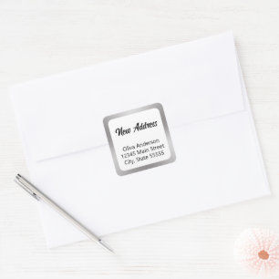 Neue Adresse Silver White und Black Script und Nam Quadratischer Aufkleber