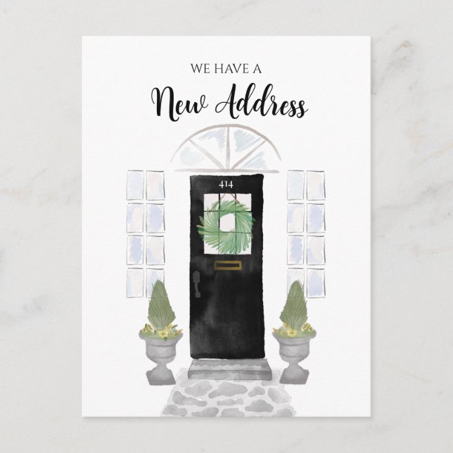 Neue Adresse Wir haben die schwarze Wasserfarbentü Postkarte (Vorderseite)