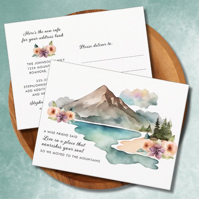 Neue Adressenwasserberge bewegen Ankündigungspostkarte (New Address Watercolor Mountains Motivational Quote Floral Moving Announcement Postcard)