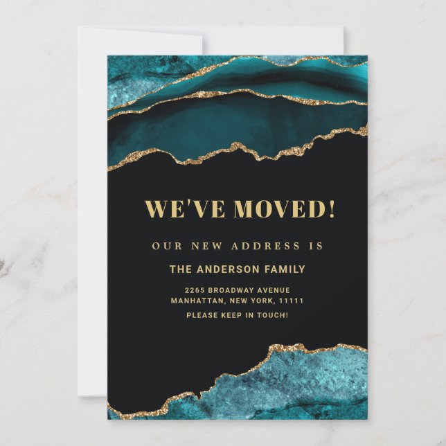 Neue Adressverschiebung in Aquamarinem und goldfar Ankündigung (Vorderseite)