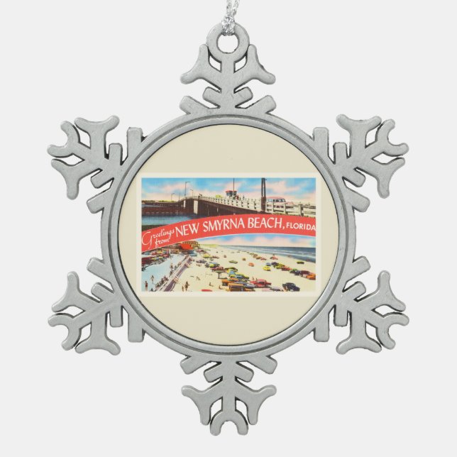 Neue alte Reise-Andenken Smyrna Strand-Floridas FL Schneeflocken Zinn-Ornament (Vorderseite)