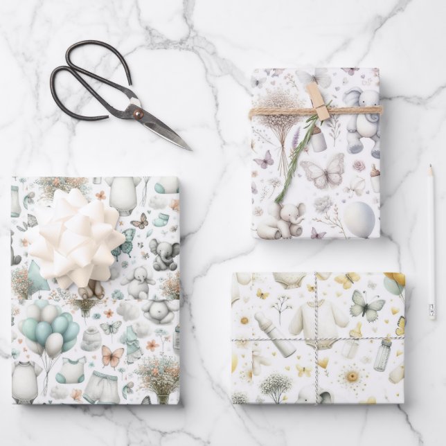 Neue Baby-Dusche, Junge, Mädchen, neutral, Geschenkpapier Set (Vorderseite)