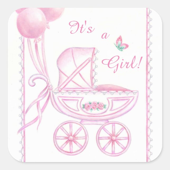 Neue Baby Girl Stickers Pink Buggy & Balloons (Vorderseite)