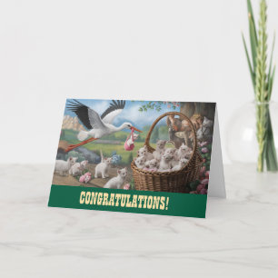 Neue Baby Glückwunschkarte für Kitten und Storch Karte