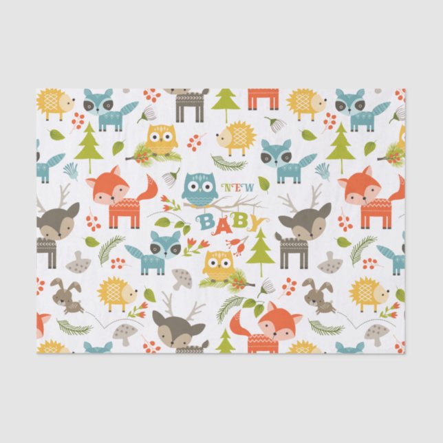 Neue Baby Typografie mit Niedlichen Holztieren Seidenpapier (Vorderseite)