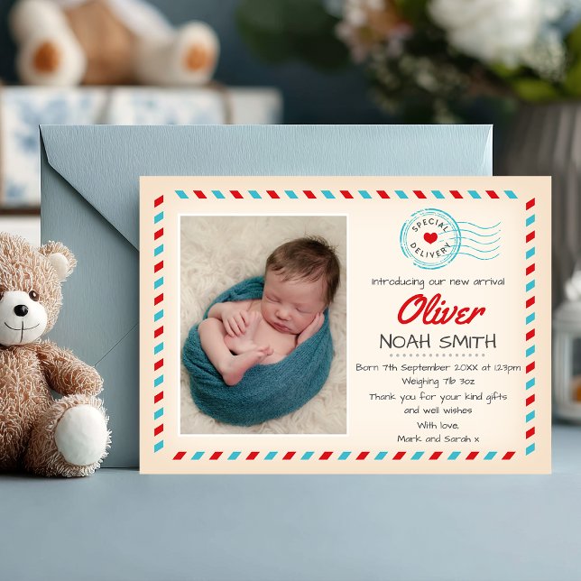 Neue Babyankündigung/Dankeschön-Karte Dankeskarte (Special delivery ✈️ Announce your baby boy’s arrival with this charming airmail-themed photo card.)