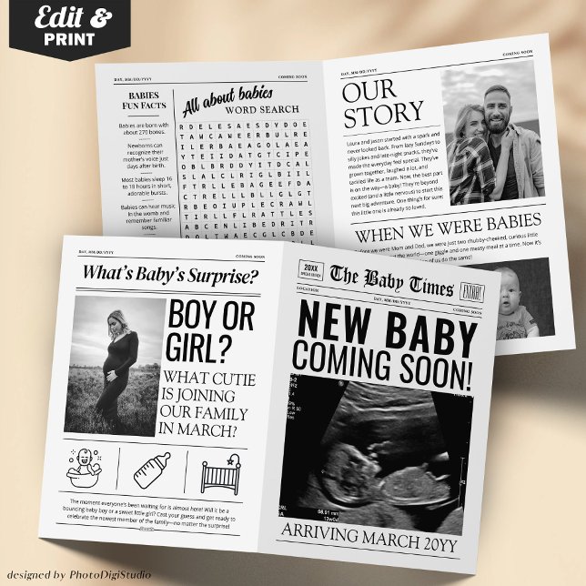 Neue Babyankündigungskarte | Zeitungsbaby Karte (New Baby Announcement Card | Newspaper Baby Coming)