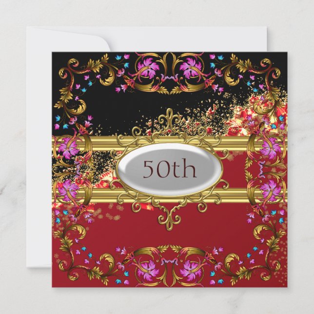 Neue Black Red Birthday Party Blume Frame Einladung (Vorderseite)