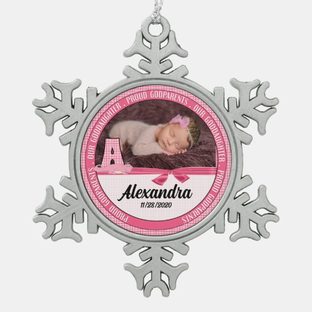 Neue Eltern Monogram A Pink Baby Foto Schneeflocken Zinn-Ornament (Vorderseite)