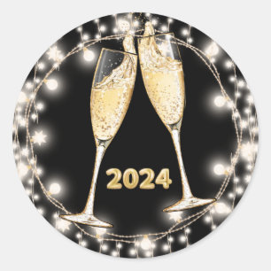 Neue Jahre Champagner Brille glänzen String Lights Runder Aufkleber