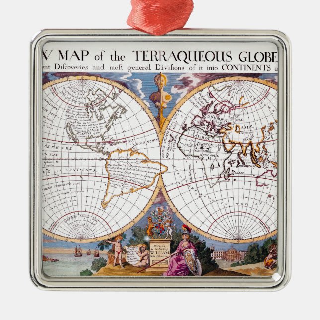 Neue Karte des Terraqueus Globe Keramik Silbernes Ornament (Vorne)