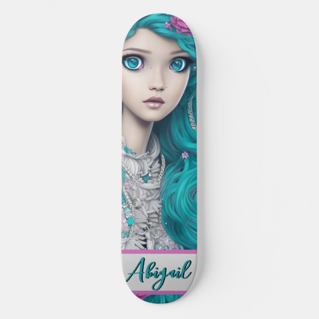Neue Londoner Prinzessin mit türkisfarbenem Haar u Skateboard (Vorderseite)