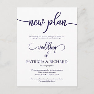 Neue Planung Aufgeschobene Hochzeit Marineblaue Sc Postkarte