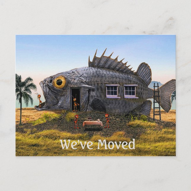 Neue Postkarte mit Fisch und Ameisen am Strand (Vorderseite)