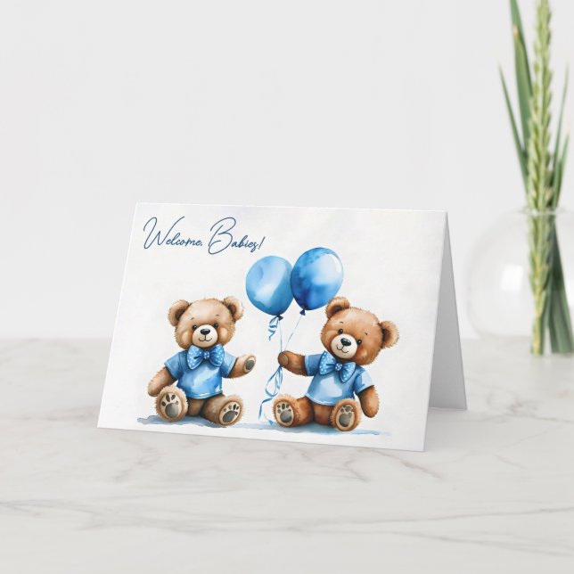 Neue Twin Boy Teddy Bären mit blauen Balloons Karte (Vorderseite)