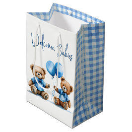 Neue Twin Boy Teddy Bären mit blauen Balloons Mittlere Geschenktüte