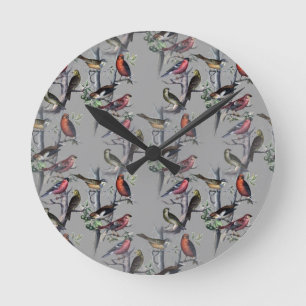 Neue Vogelmuster-Accessoires, Vintage Kunst grau Runde Wanduhr