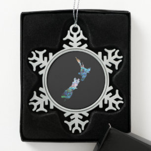 NEUE ZEALAND-KARTE EINFACHE PAUA SCHNEEFLOCKEN Zinn-Ornament
