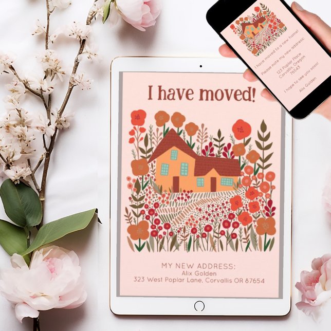 Neue Zuhause-Adresse Ich habe die Blume des Bauern Karte (Custom cottage moving announcement address change flat card - also available as digital download. )