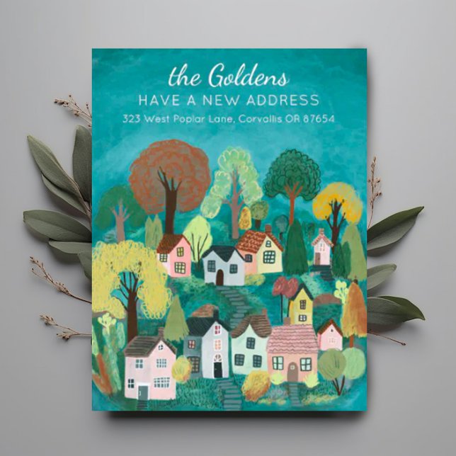 Neue Zuhause-Adresse Moving Niedlich Country Villa Postkarte (Moving announcement address change custom postcard with cute charming village illustration. )