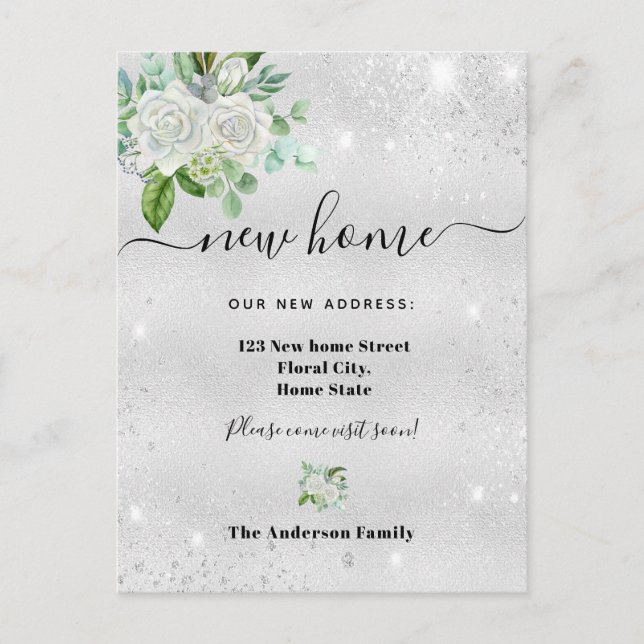 Neue Zuhause-Adresse Silberblumen-Glitzer Staub Ankündigungspostkarte (Vorderseite)