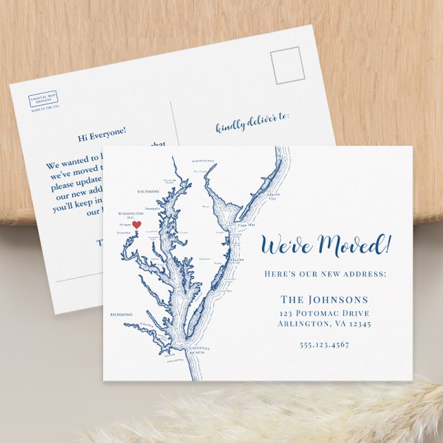 Neue Zuhause Arlington VA Map Moving Ankündigungspostkarte (Arlington VA military moving announcement change of address postcard from Coastal Map Designs)