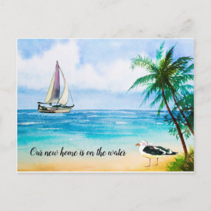 Neue Zuhause Beach Scene Sailboat Palms Moving Ankündigungspostkarte