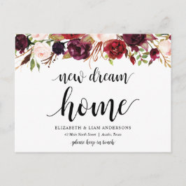 Neue Zuhause, bordeauxrote Blüte, Ankündigung Postkarte