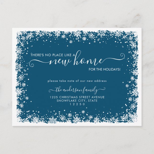 Neue Zuhause für den Weihnachtsschneefall Ankündigungspostkarte (Vorderseite)