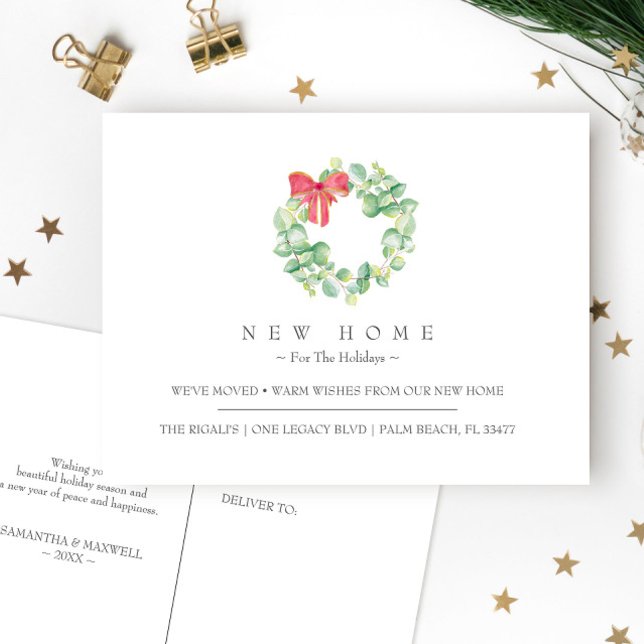 Neue Zuhause für die Feiertage-Ankündigung Postkarte (Christmas card moving announcements unique holiday watercolor art by Victoria Grigaliunas)