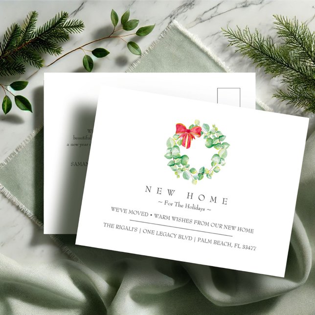 Neue Zuhause für die Feiertage-Ankündigung Postkarte (Christmas moving announcement cards feature a watercolor wreath art by Victoria Grigaliunas )