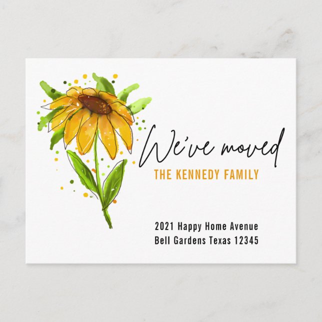 Neue Zuhause-Gelbe Wasserfarbenflora Wir haben uns Ankündigungspostkarte (Vorderseite)