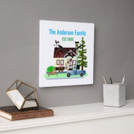 Neue Zuhause mit Familienname Quadratische Wanduhr