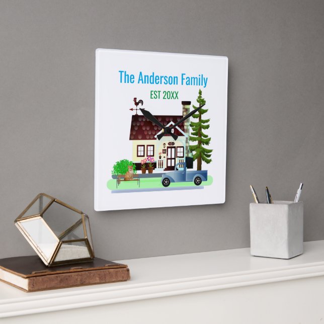 Neue Zuhause mit Familienname Quadratische Wanduhr (Büro)