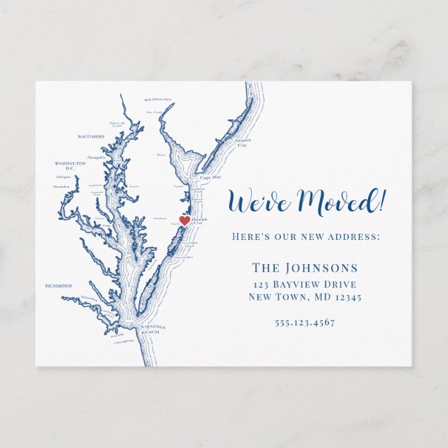 Neue Zuhause Ocean City Maryland Map Moving Ankündigungspostkarte (Vorderseite)